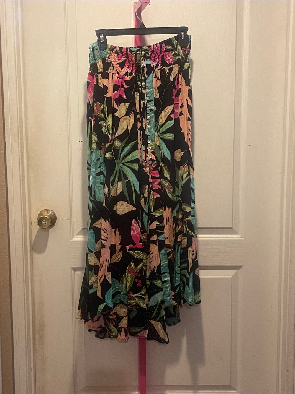 RACHEL Rachel Roy Black Maxi Skirt with Tropical Pink & Teal Leaves